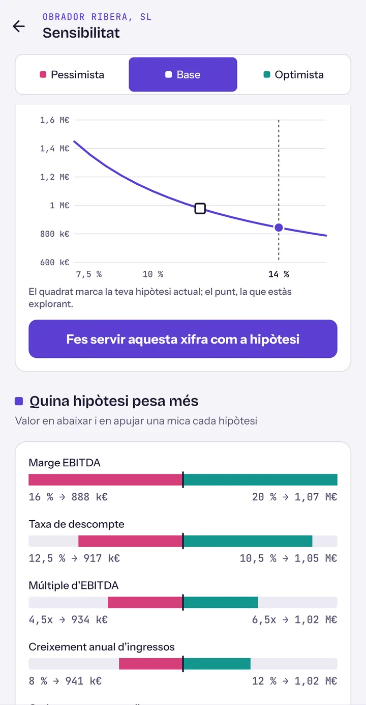 Sensibilitat: corba del valor dels fons propis segons la taxa de descompte i gràfic de les hipòtesis que més pesen.
