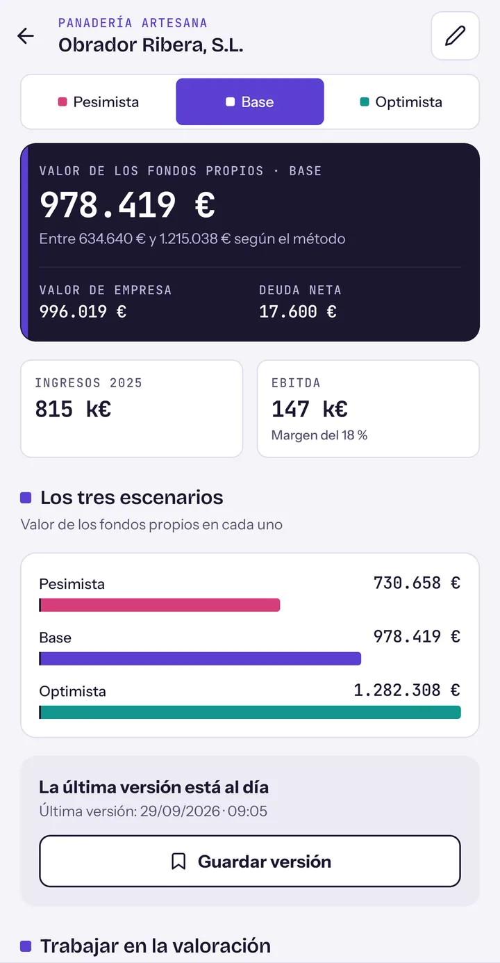 Pantalla de una empresa: valor de los fondos propios en el escenario base, 978.419 €, entre 634.640 € y 1.215.038 € según el método, con el valor de empresa y la deuda neta.